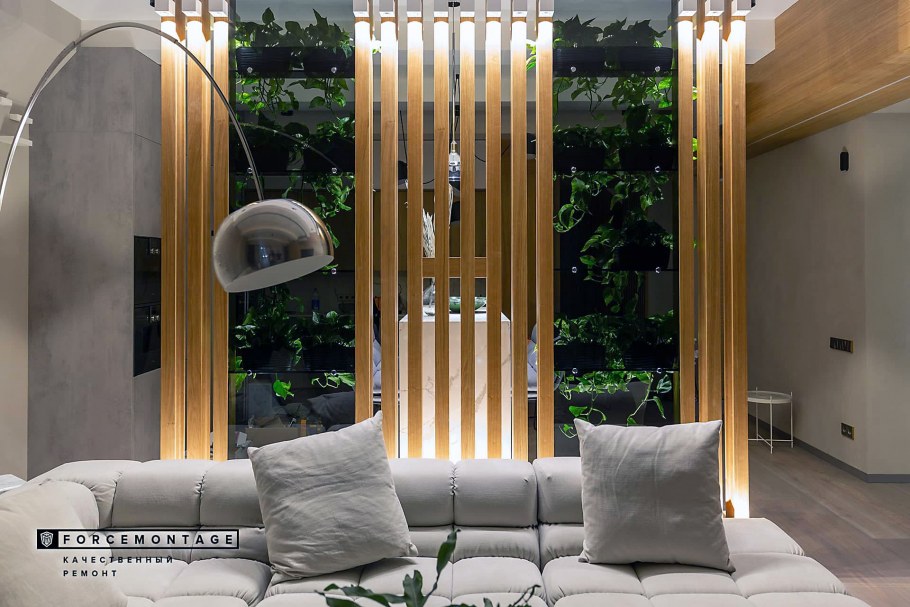 Деревянные рейки перегородки в интерьере