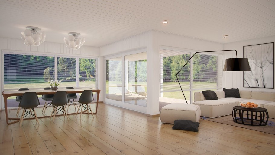 Гостиная с панорамными окнами в частном доме