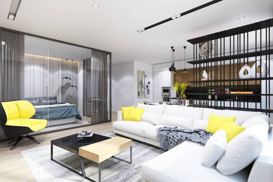 Гостиная лофт с яркими акцентами