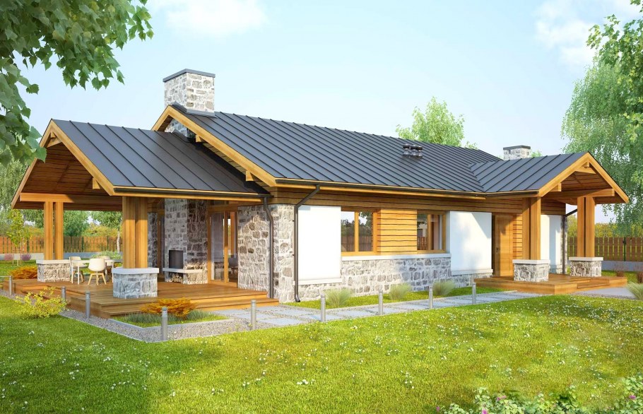 Деревянный дом одноэтажный с террасой 100кв