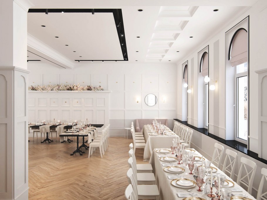 Интерьер банкетного зала в современном стиле 2020