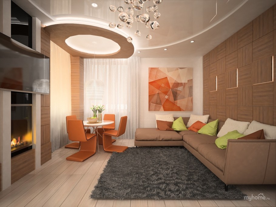 Интерьер зала совмещенной с кухней в оранжевом цвете