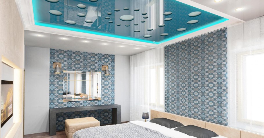 Резные натяжные потолки в спальне
