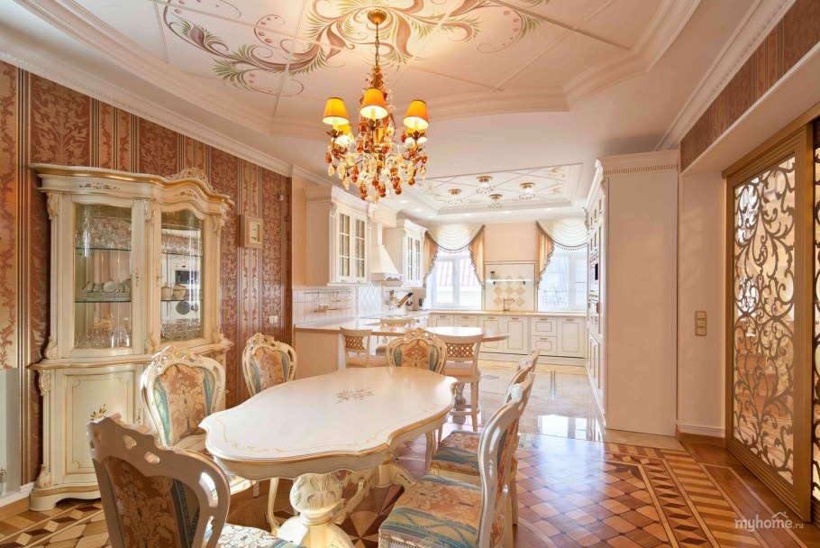 Кухня гостиная белая с золотом