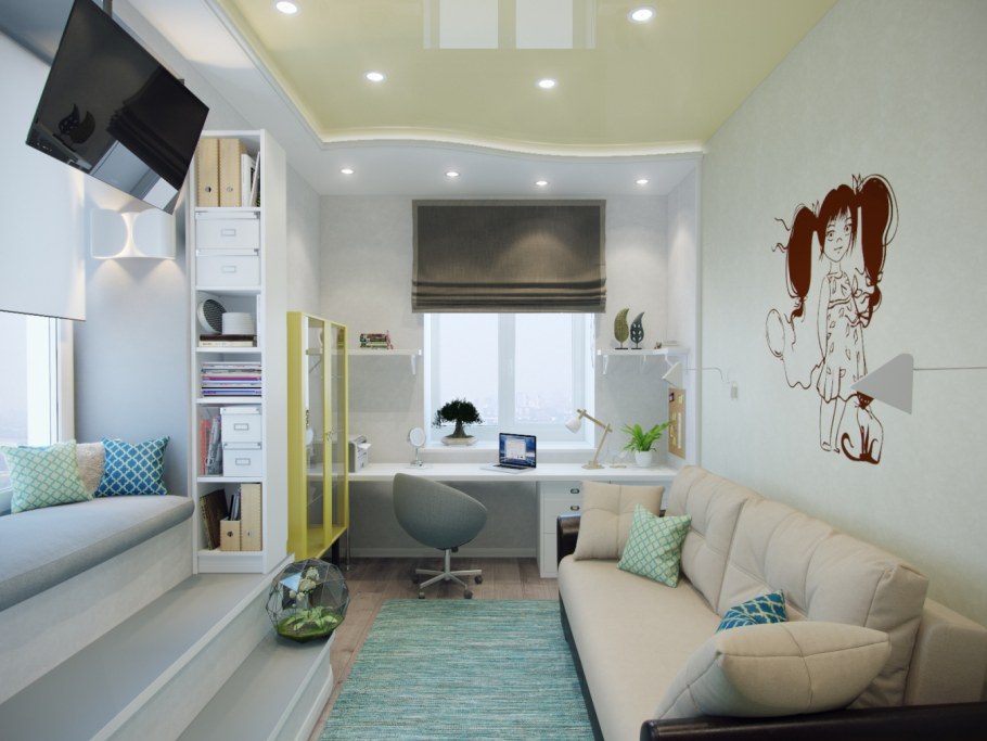 Интерьер узкой комнаты для молодой девушки