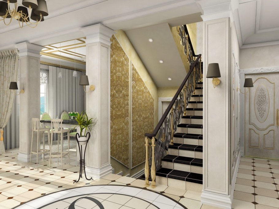 Интерьер холла с лестницей в частном доме