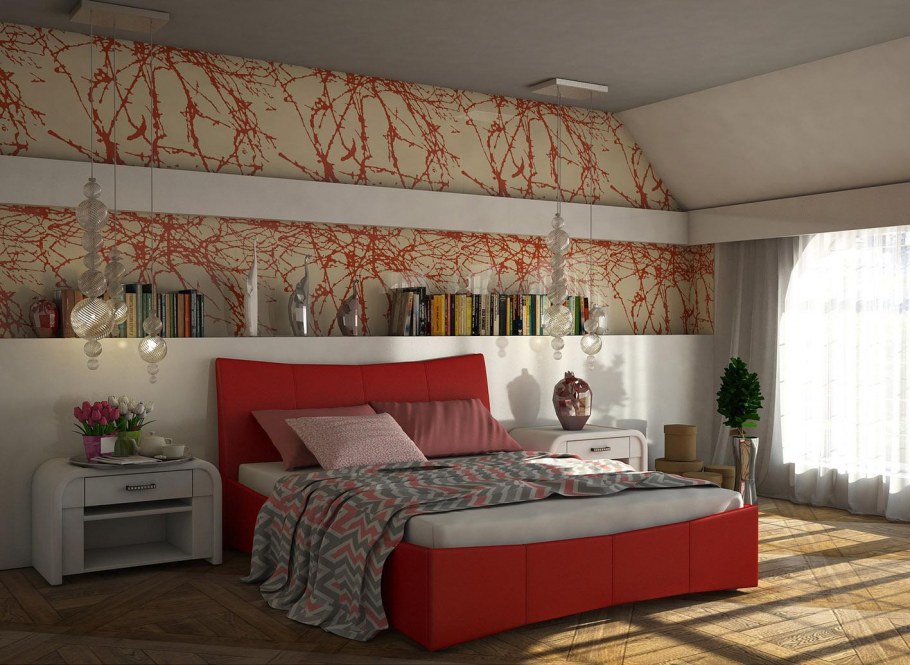 Бордовые стены в интерьере спальни