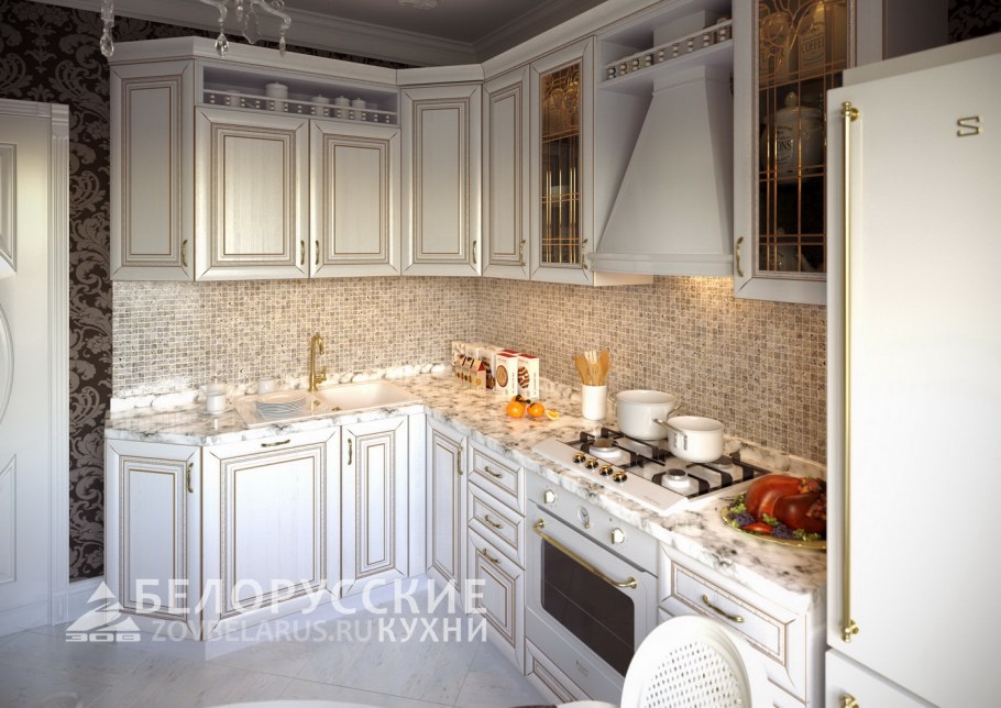 Белая классическая кухня с деревянной столешницей