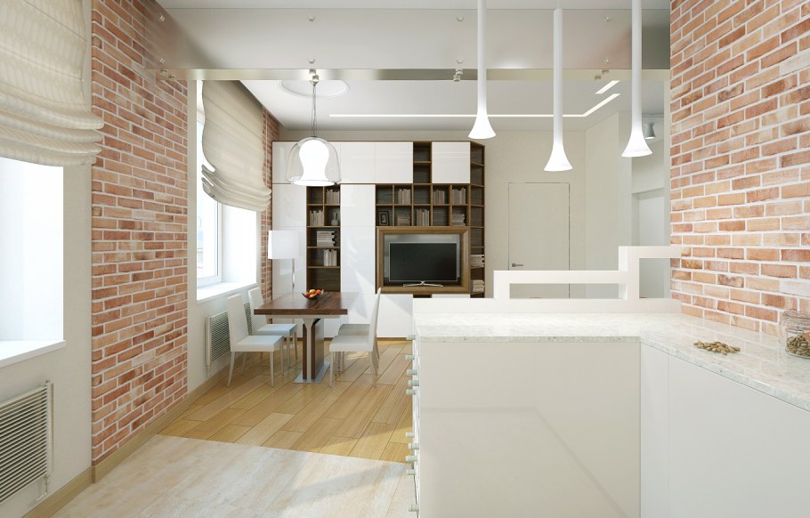 Кирпич в кухне гостиной