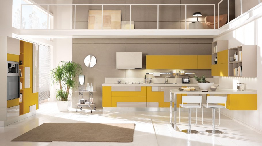 Желтая кухня без ручек новый тренд