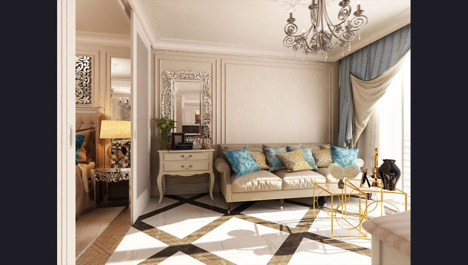 Гостиная в стиле арт деко в светлых тонах