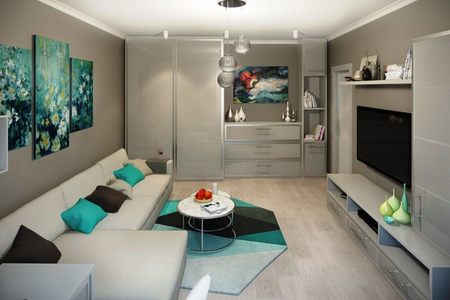 Небольшая гостиная в бирюзовых тонах