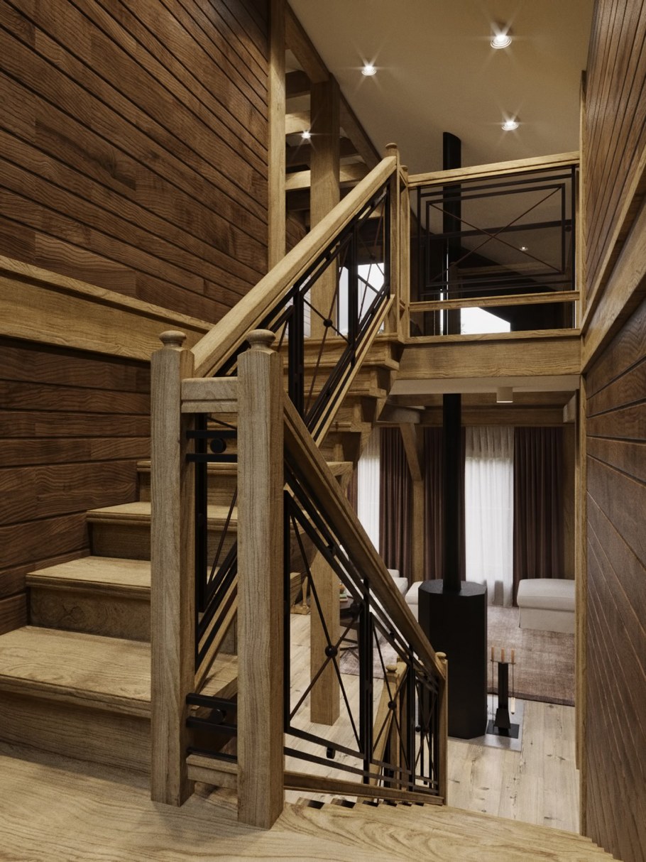 Деревянная лестница в стиле Шале