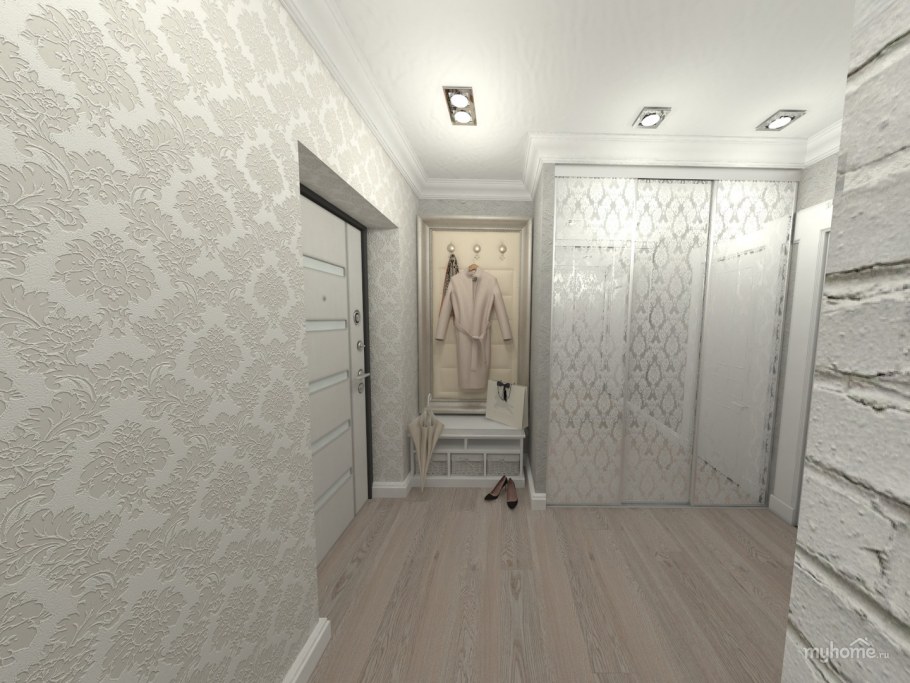 Серая прихожая с белыми дверями