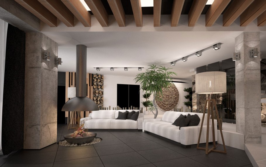 Балки на потолке в современном стиле в интерьере