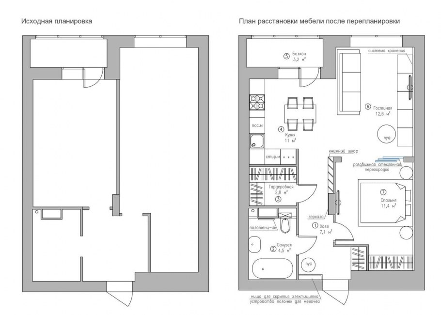 Перепланировка однокомнатной квартиры 45 кв.м в двухкомнатную
