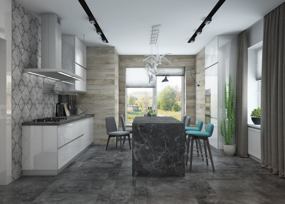 Дизайн кухни гостиной монохром