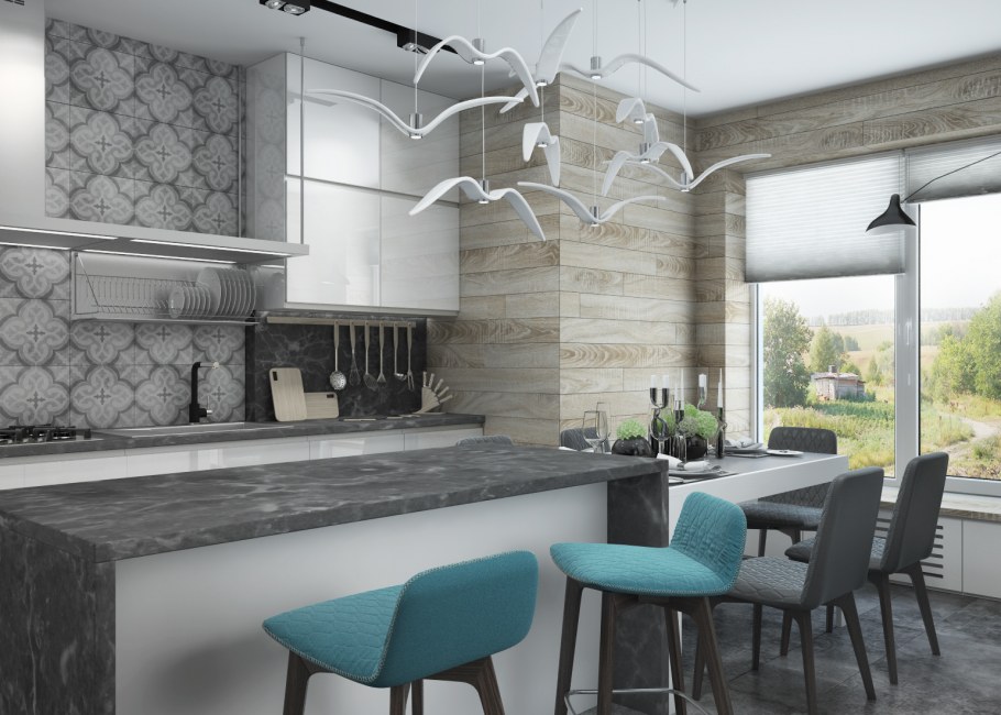 Монохромный интерьер кухни