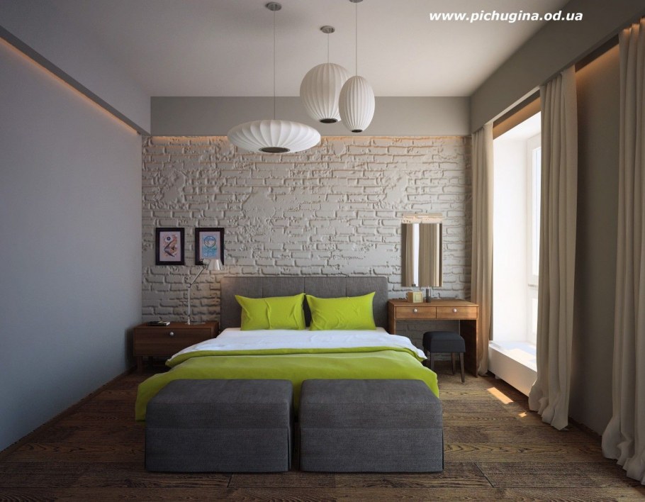 Белая кирпичная стена в спальне для девочки