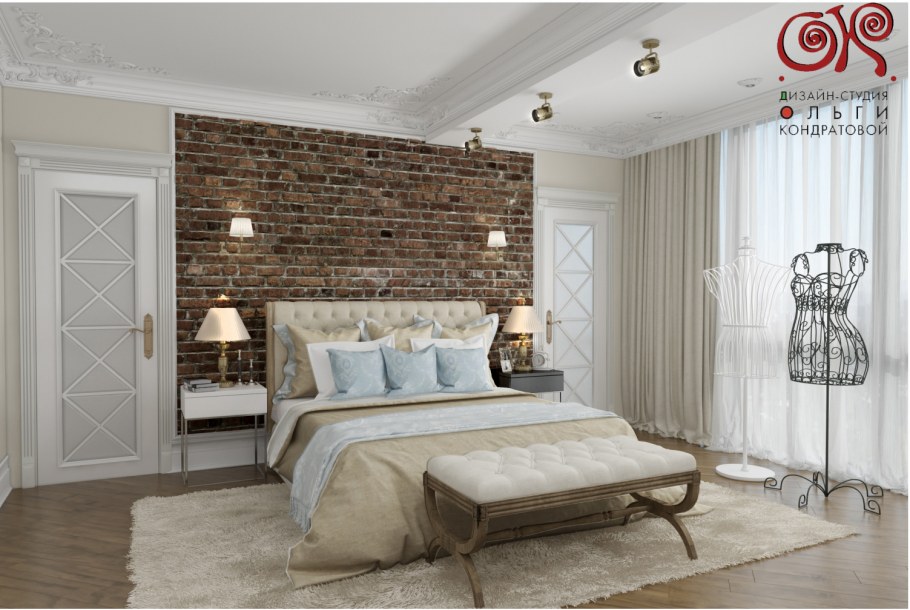 Красный кирпич в интерьере спальни
