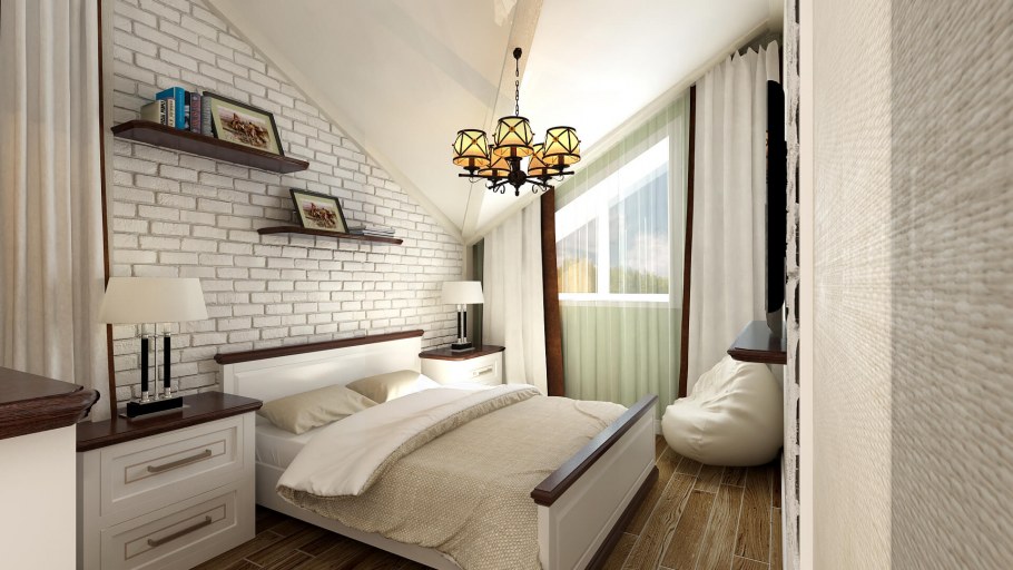 Спальня с белыми кирпичиками