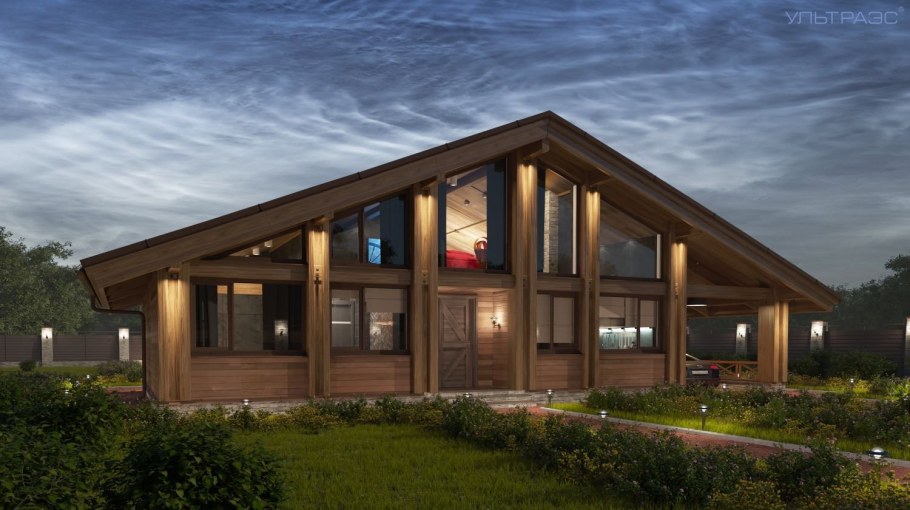 Дом с двускатной крышей и панорамными окнами