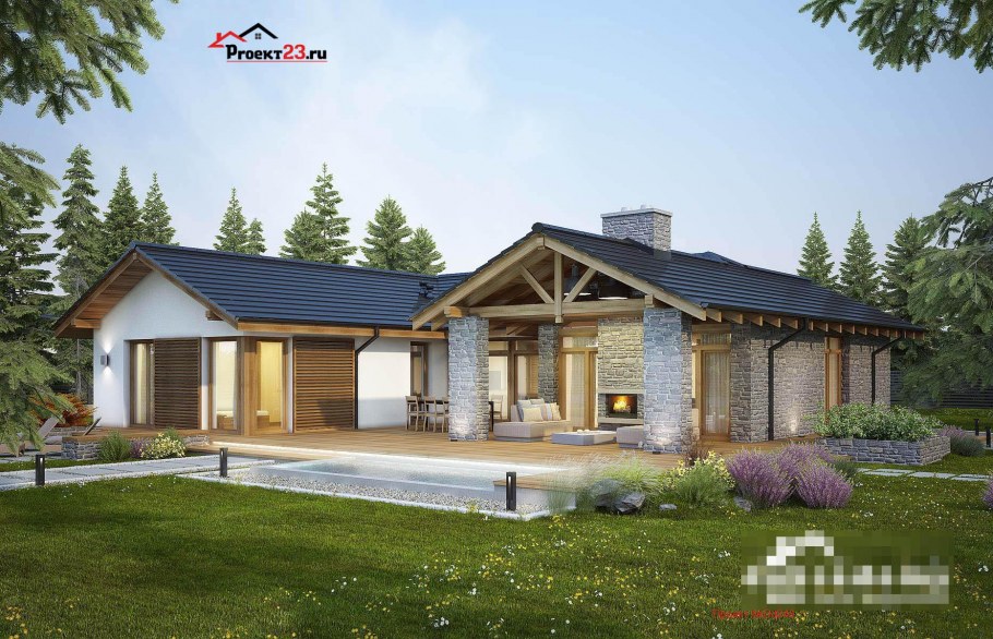 Дом Шале одноэтажный с гаражом и террасой