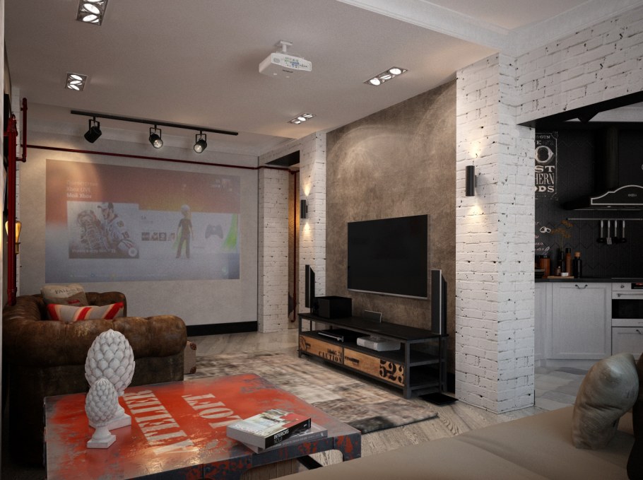 Гостиная лофт с телевизором