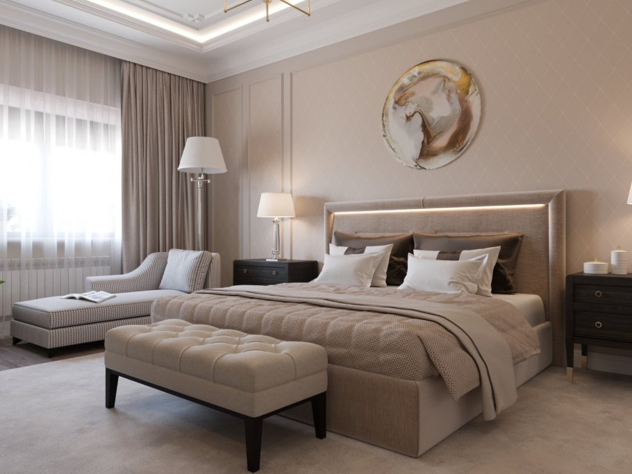 Бежевая комната с камином