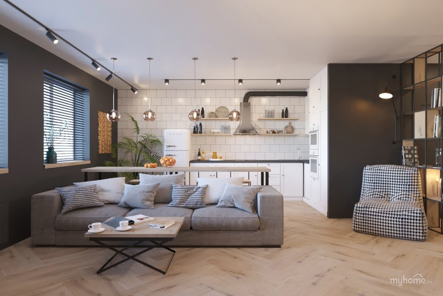 Гостиная в стиле лофт в светлых тонах