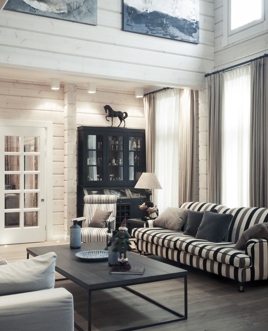 Современная гостиная в деревянном доме