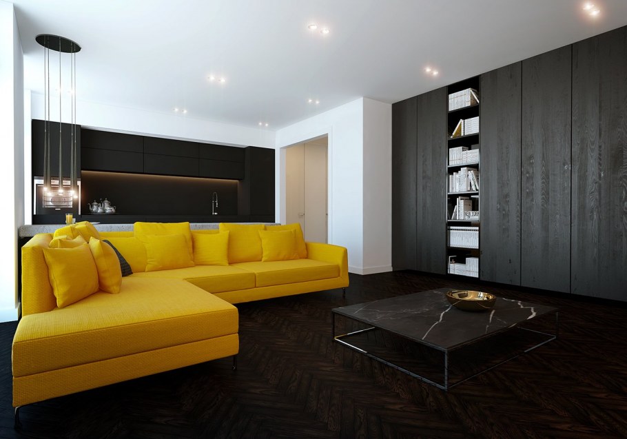 Желтые шторы в интерьере гостиной