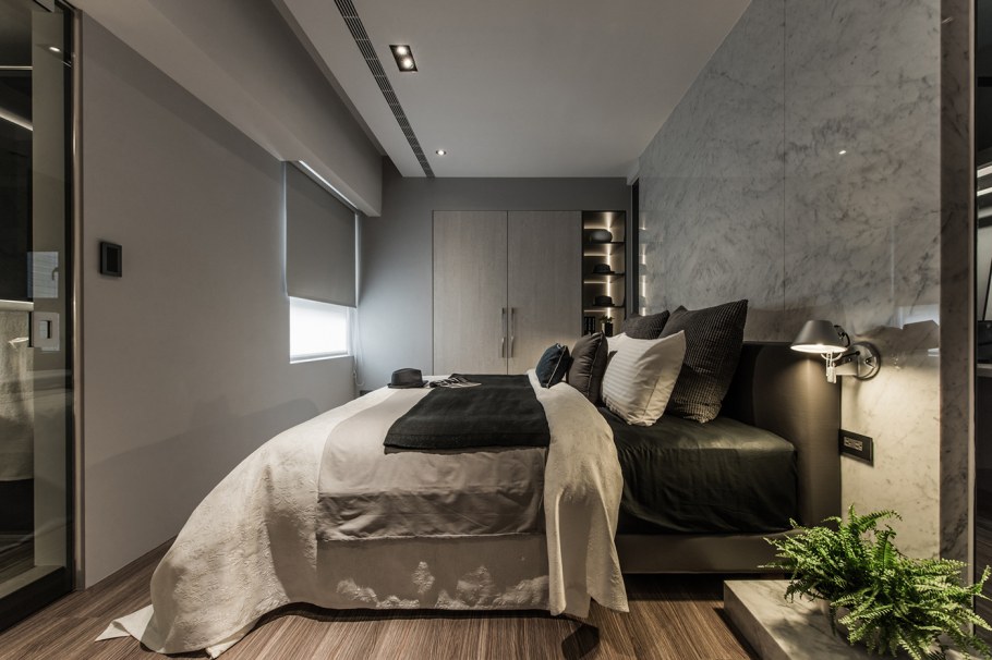 Дизайн однокомнатной квартиры в серых тонах с кроватью Фотогалерея