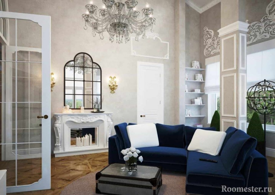 Синий диван в классическом интерьере