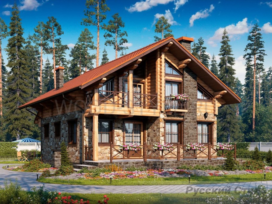 Комбинированный дом из камня и дерева