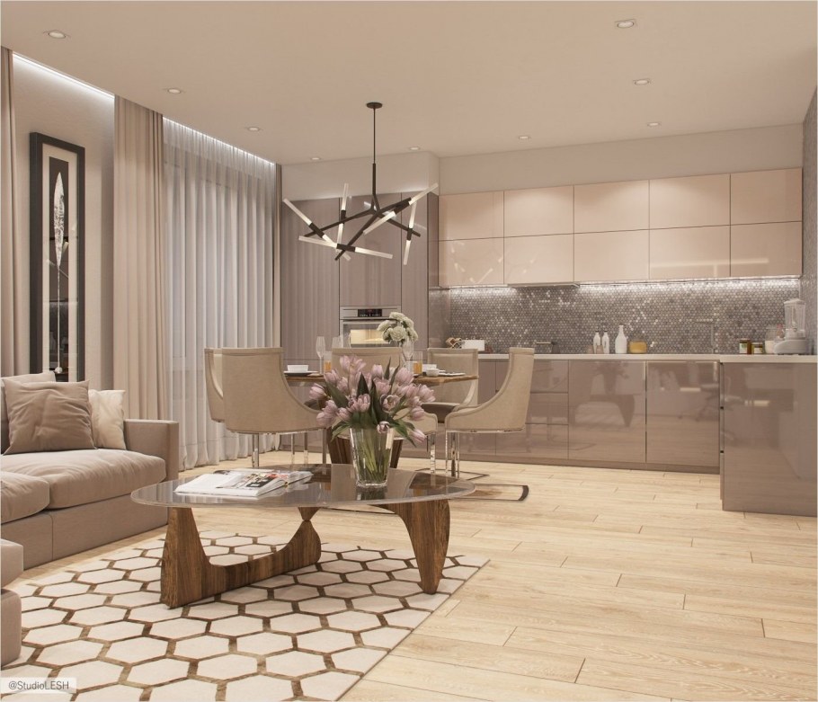 Кухня гостиная в бежевых тонах