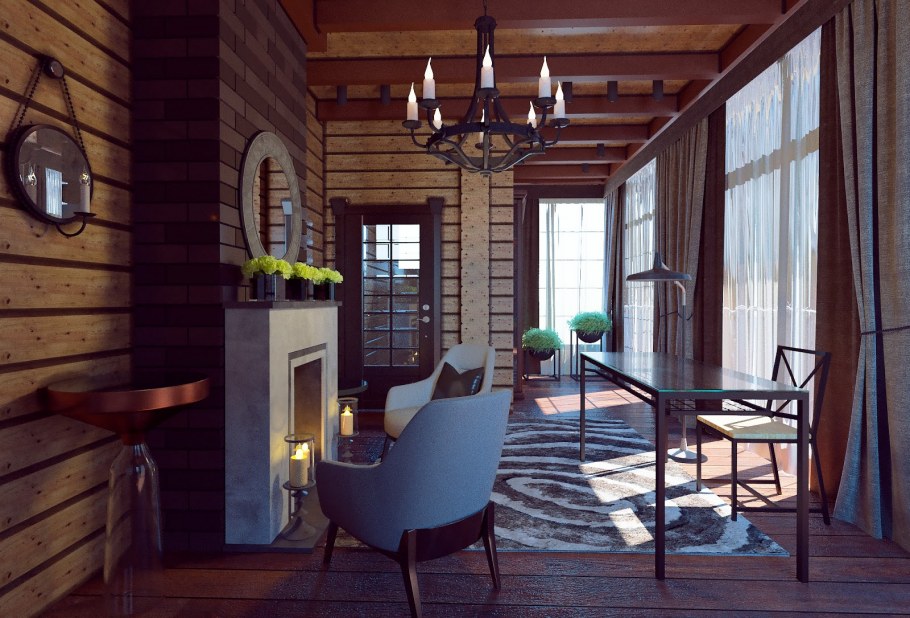 Яркий интерьер деревянного дома