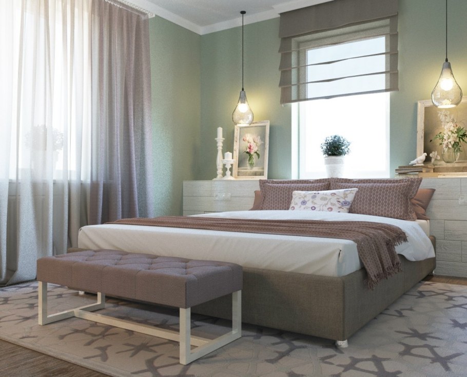 Серо зелено розовая спальня
