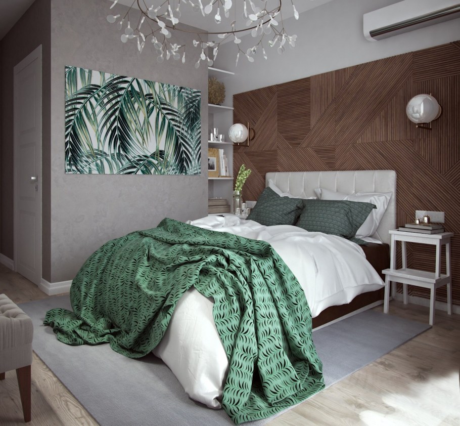 Желто-зеленый интерьер спальни