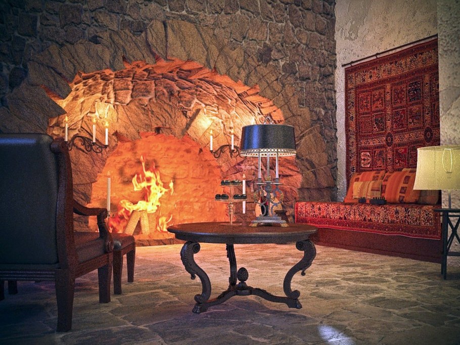 Комната с камином и столом