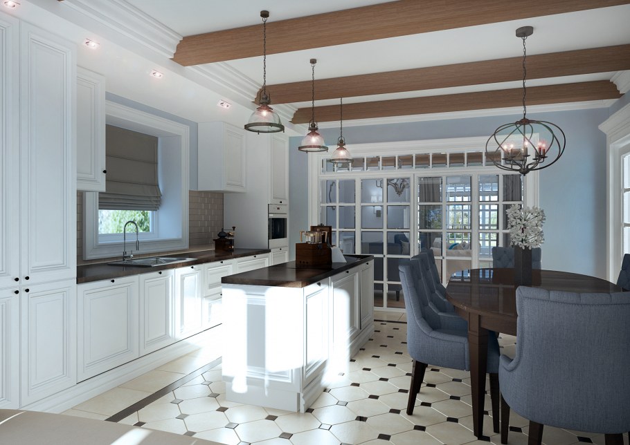 Американская классика кухня-гостиная загородный дом