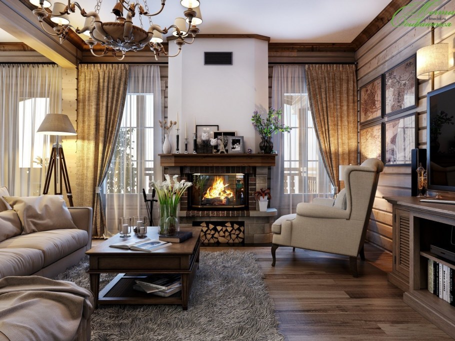 Гостиные с камином в загородном доме