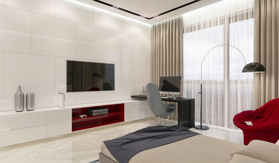 Спальня с компьютерным столом и телевизором