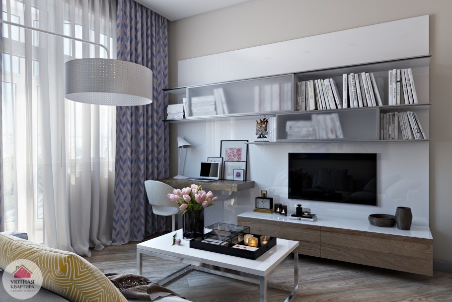 Гостиная с телевизором и рабочим местом