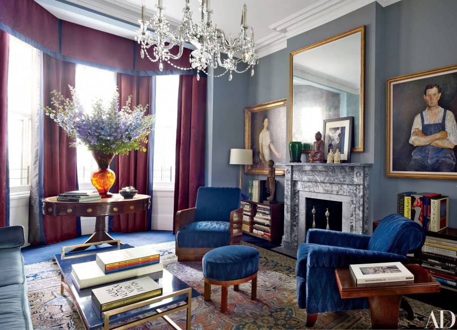 Синяя гостиная в стиле арт деко