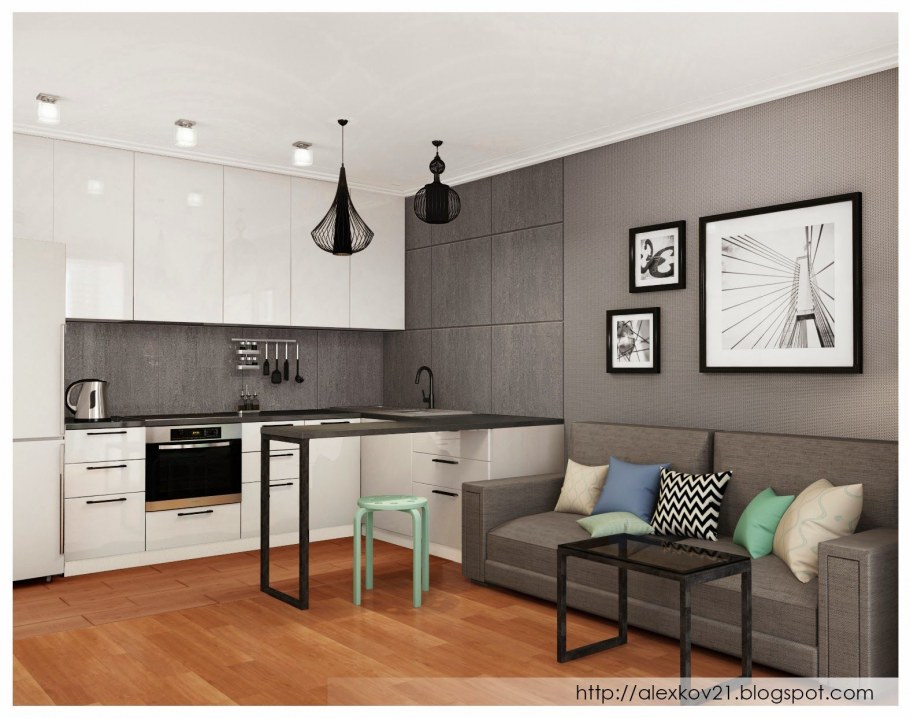 Кухня гостиная в скандинавском стиле 17 кв.м