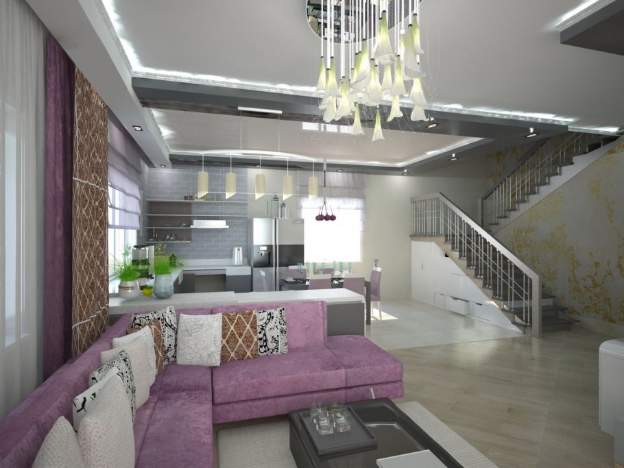 Интерьер кухни-гостиной в таунхаусе