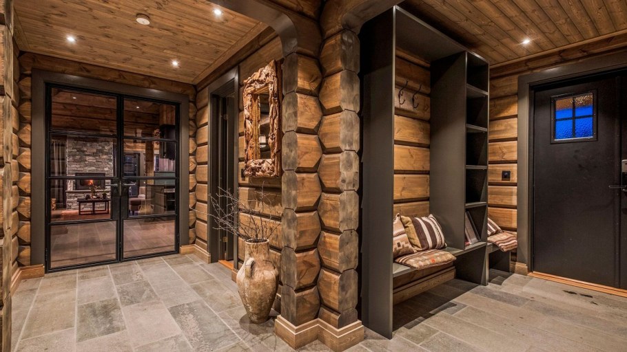 Гостиная в бревенчатом доме в стиле лофт