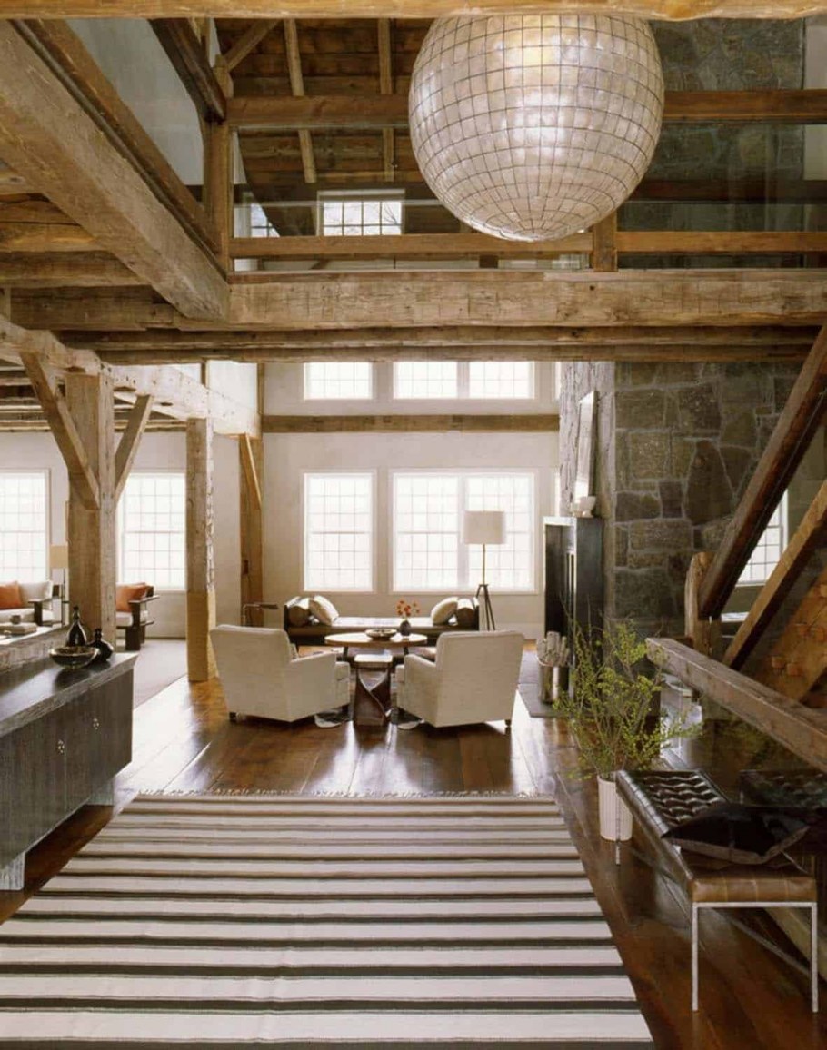 Гостиная в стиле лофт в деревянном доме