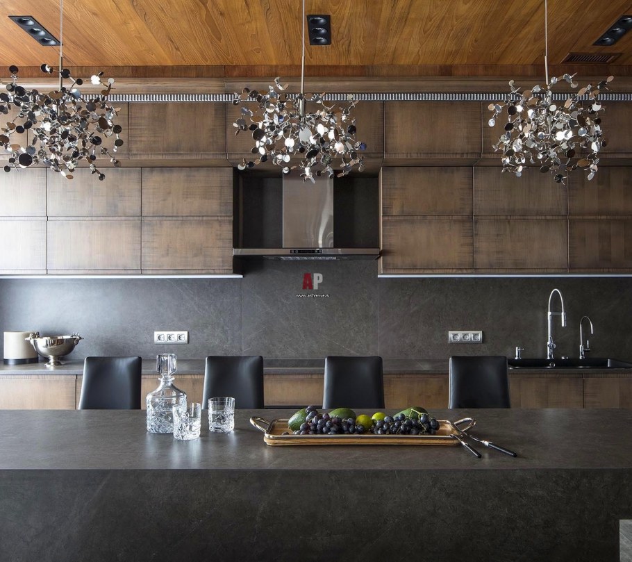 Кухня гостиная серая с деревом